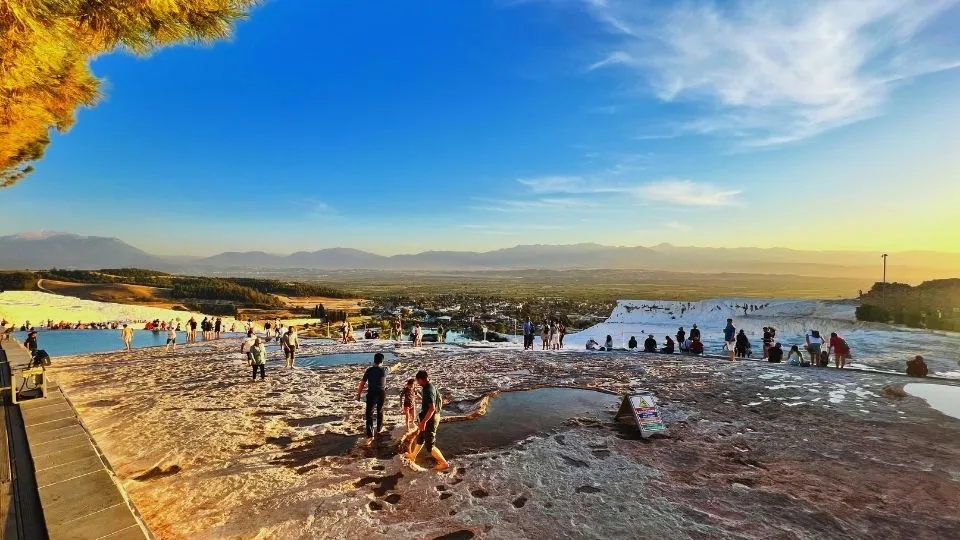 White travertine terraces of Pamukkale, the cotton castle, with thermal water pools