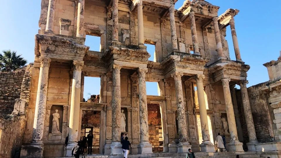 Façade of the Library of Celsus at Ephesus, with its statues, early in the morning